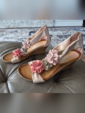 Patrizia by Spring Step Blush Pink Leather Floral Wedge Sandals